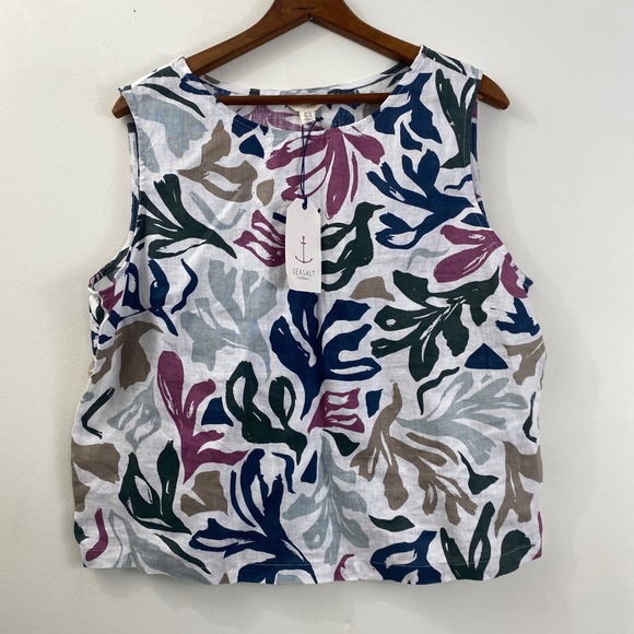 Seasalt Cornwall Linen Tank Top US 12 UK 16 Sleeveless Botanical Print Art Top - Picture 1 of 13